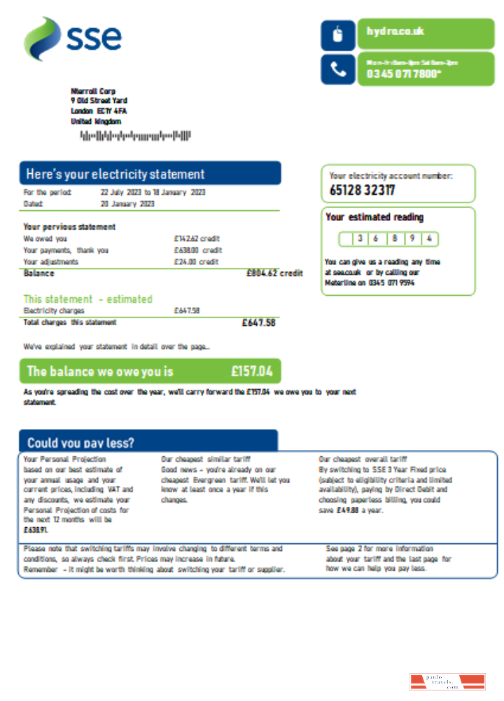 SSE Energy utility business bill, SCR PSD template